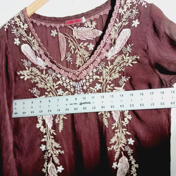 Johnny Was, Burgundy Brown Embroidered Boho Chic Top, Lt. Wt., Semi-Sheer, Small - Picture 10 of 16